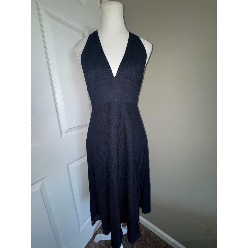 J.Crew Halter Midi Dress 6 Navy Blue Cotton Lined Seersucker V-Neck Open Back